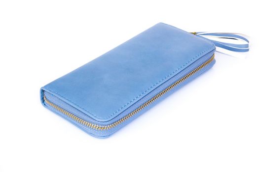 Closeup modern blue color woman wallet on white background