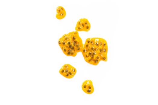 Closeup top view passion fruit seed on white background, fruit for healthy concept