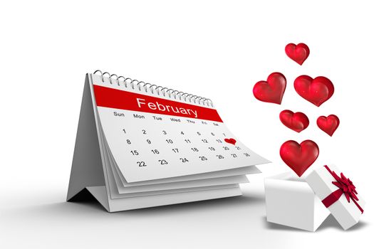 Hearts flying from box against february calendar