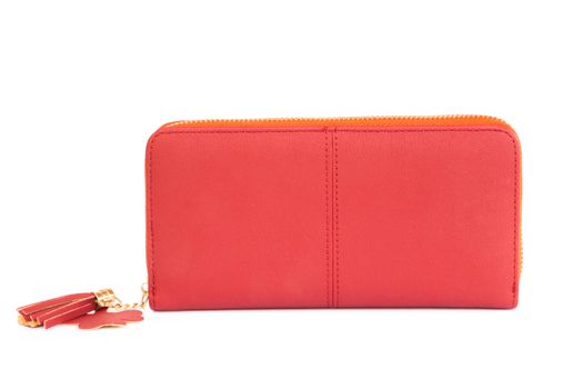 Closeup modern red woman wallet fashion on white background