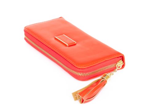 Closeup modern red woman wallet fashion on white background