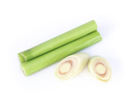 Top view lemon grass with slice isolated on white background, herb and medical concept