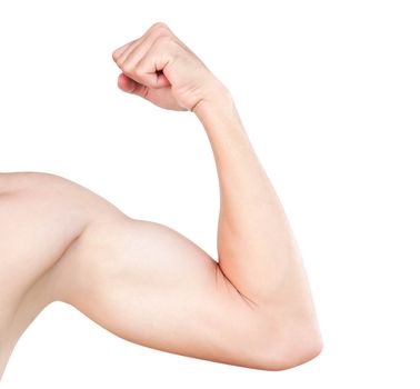 Asian man show arm with bicep isolated on white background, health care and medical concept