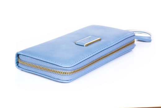 Closeup modern blue woman wallet fashion on white background