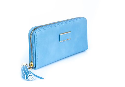 Closeup modern blue color woman wallet on white background
