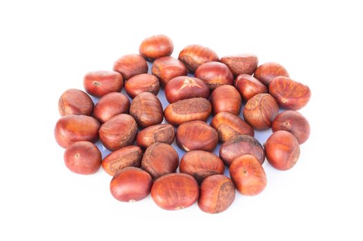 Closeup top view horse chestnuts isolated on white background,  healthy food concept