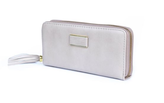 Closeup modern grey woman wallet fashion on white background