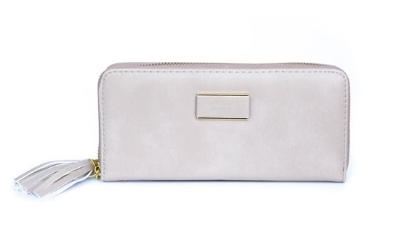 Closeup modern grey woman wallet fashion on white background