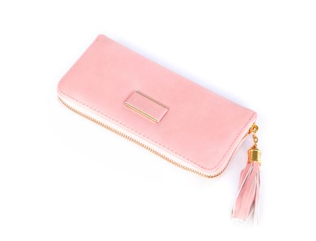 Closeup modern pink color woman wallet on white background