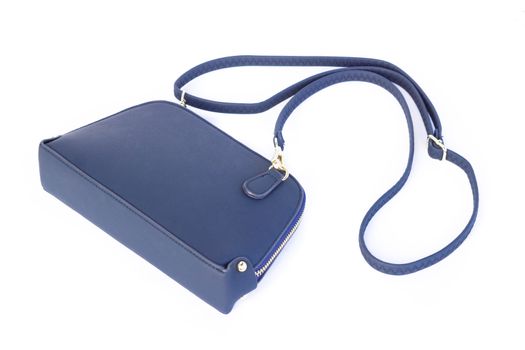 Closeup modern blue bag fashion on white background