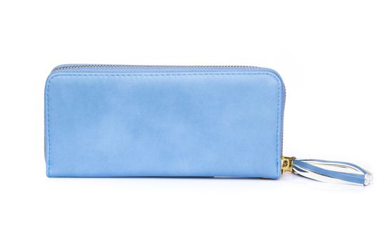 Closeup modern blue woman wallet fashion on white background