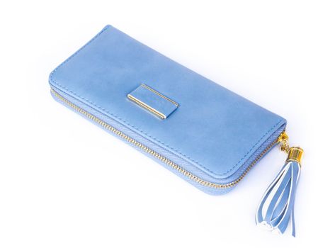 Closeup modern blue color woman wallet on white background