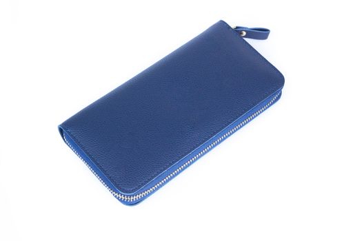 Closeup modern blue woman wallet fashion on white background