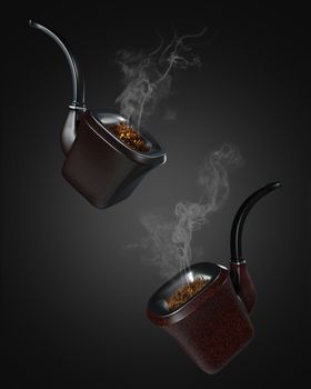 Two vintage pipe smoke floating on a black background in the dark. There was white smoke floating out of the pipe. The concept of anti-tobacco and world no tobacco day. 3D illustrator rendering.