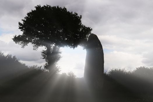 Menhir of Kergornec - megalithic monument near Saint-Gilles-Pligeaux village, department Cotes-d'Armor, Brittany, France