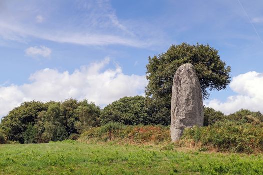 Menhir of Kergornec - megalithic monument near Saint-Gilles-Pligeaux village, department Cotes-d'Armor, Brittany, France