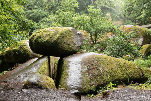 Le Chaos de Rochers or the Chaos of Rocks - jumble of hundreds of large boulders in Huelgoat forest, Brittany, France