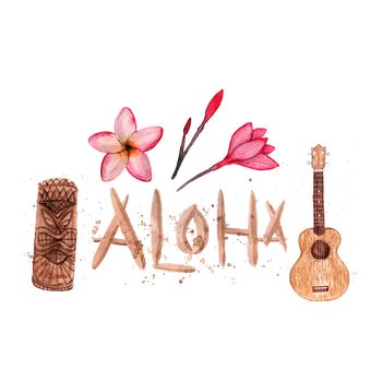 Hawaiian simbols - Luau, Aloha, Tiki, Ukulele, Plumeria Watercolor illustration Isolated on white