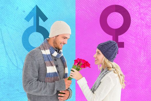Attractive man in winter fashion offering roses to girlfriend against female gender symbol