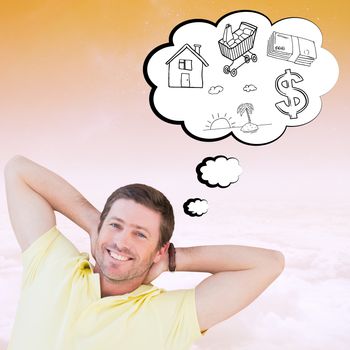 Casual man smiling against white clouds under blue sky