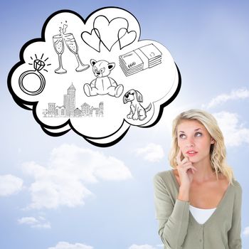 Pretty young blonde looking up against cloudy sky with sunshine