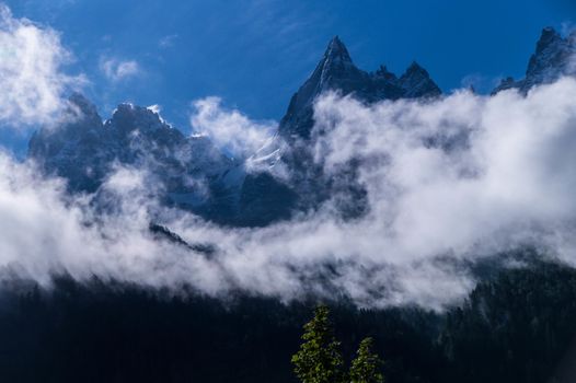 Chamonix needle with fog in the French Alps