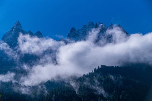 Chamonix needle with fog in the French Alps