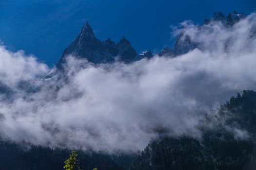 Chamonix needle with fog in the French Alps