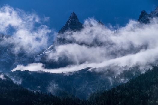 Chamonix needle with fog in the French Alps