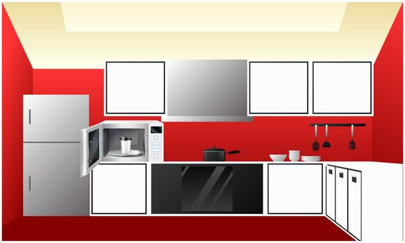 illustration of kitchen view with microwave oven and hot cup coffee