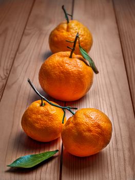 Tasty, useful, juicy orange tangerine fruits with twigs and green leaves stand in a row on a wooden background