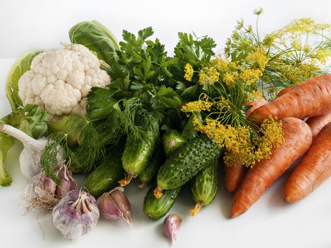 Vegetables of summer harvest, cauliflower, cucumbers, carrots, garlic, dill, parsley, dill inflorescences lie on a white background on a table