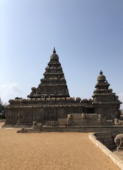 Shore temple is the structural building built with the block of granite at 8th Century AD. It is one of the Group of Monuments at Mahabalipuram and it has been classified as a UNESCO World Heritage Site. Shore temple is the oldest structural rock-cut stone temples of South India and contains complex of temples and shrines. This temple complex is initiated by King  Narasimhavarman II and it is called one of the Seven Pagodas in ancient times.