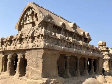 Bhima Ratha is a monument in the Pancha Rathas is an example of monolith Indian rock-cut architecture. Resembling a chariot ratha, it is carved out of a single, long stone of pink granite. This is one of the Group of Monuments at Mahabalipuram and also a UNESCO World Heritage Site.