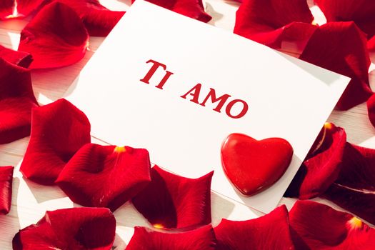 ti amo against card with red rose petals