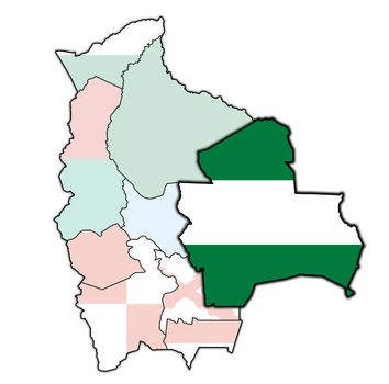 territory and flag of Santa Cruz region on map with administrative divisions and borders of Bolivia with clipping path