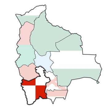 territory and flag of Potosi region on map with administrative divisions and borders of Bolivia with clipping path