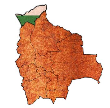 territory and flag of Pando region on map with administrative divisions and borders of Bolivia with clipping path