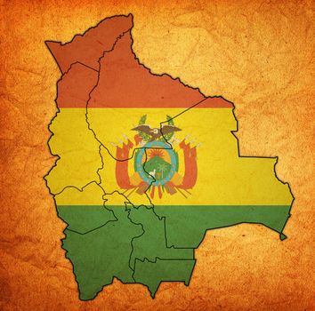 territories and flag of regions on map with administrative divisions and borders of Bolivia with clipping path