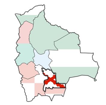 territory and flag of Chuquisaca region on map with administrative divisions and borders of Bolivia with clipping path