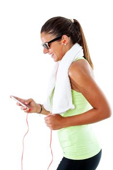 Close up portrait of attractive girl wearing sunglasses doing aerobic workout with smart phone. Isolated on white background.