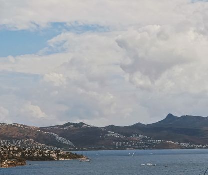 Mediterranean coast and cloudy sky, beautiful panoramic sea view and coastal nature scene
