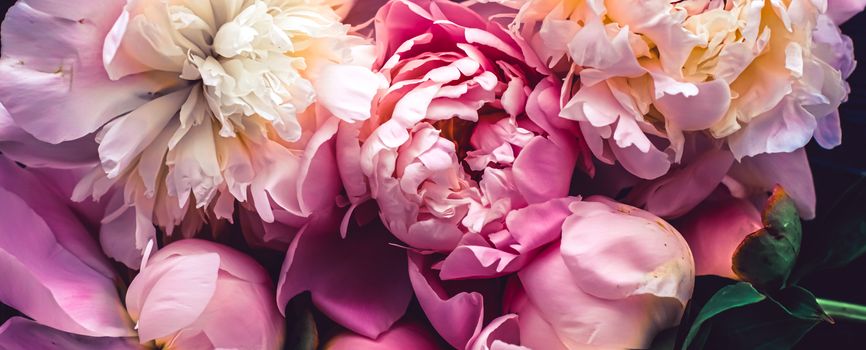 Pink peony flowers as floral art background, botanical flatlay and luxury branding design