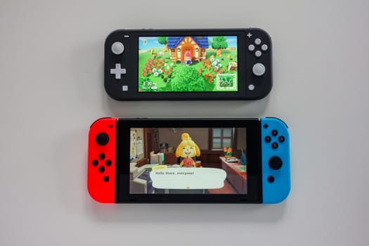 Orlando,FL/USA -5/27/20:  A multiplayer Nintendo Switch and single player Nintendo Switch Lite gaming consoles side by side.