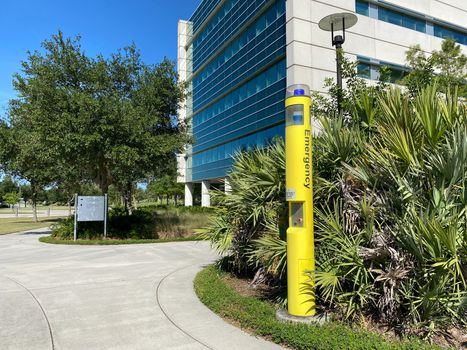 Orlando,FL/USA -5/6/20:  The emergency call box at the University of Central Florida School of Medicine in Lake Nona in Orlando, Florida.