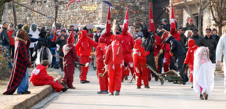 VEVCANI, MACEDONIA - 13 JANUARY , 2020: General atmosphere with dressed up participants at an annual Vevcani Carnival, in southwestern Macedonia