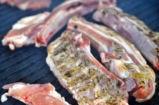 grilling meat meat on a coal barbeque image