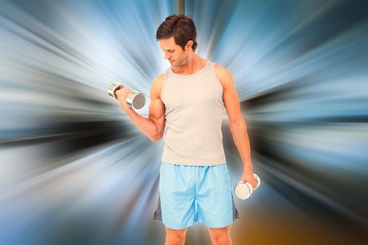 Fit young man exercising with dumbbells against abstract background