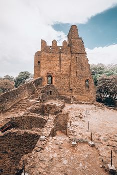 ruins of Fasil Ghebbi, Royal fortress-city castle in Gondar, Ethiopia. Imperial palace is called Camelot of Africa. UNESCO World Heritage Site.