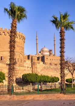 View of massive ramparts and stunning Muhammad Ali Pasha (Alabaster) Mosque of Saladin Citadel on Salah El-Deen square, Cairo, Egypt